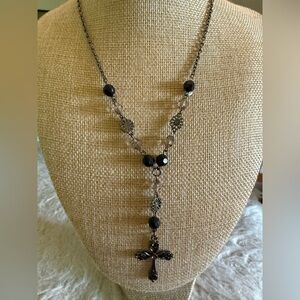 Black Beaded Cross Pendant Necklace